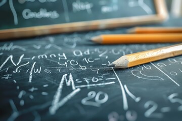 Close-up of a pencil on a blackboard filled with complex mathematical equations.