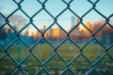 Cityscape View through Chain Link Fence at Sunset - Powered by Adobe