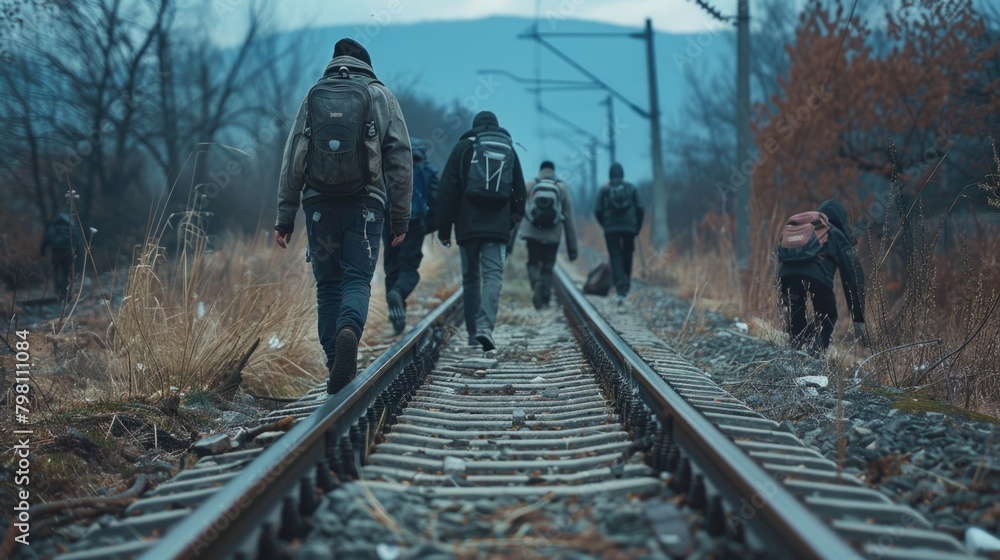 Poster a group of people walking down a train track. perfect for illustrating teamwork and unity
