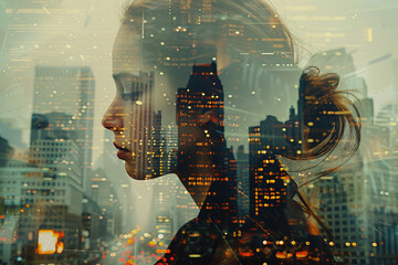 Double exposure photo of a woman and a cityscape, city life concept