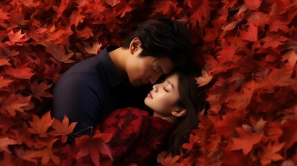 Overhead shot of a Asian couple lost in a kiss, surrounded by a carpet of red maple leaves, storybook romance