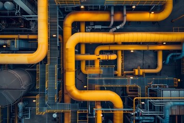Overhead shot of an industrial complex with yellow pipes crisscrossing, organized chaos from above