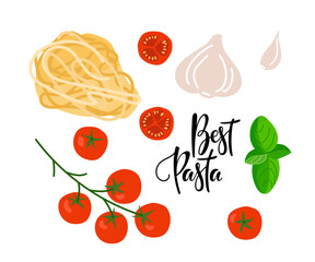 Classic Italian pasta. Spaghetti with tomatoes, basil, garlic isolated on white background. Nutrient vector illustration. Traditional Italian Food for Restaurant Menu, shop, packaging.