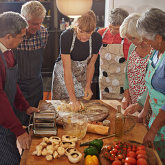 Cooking class, food and old people with chef in kitchen for nutrition, diet or easy recipe in...