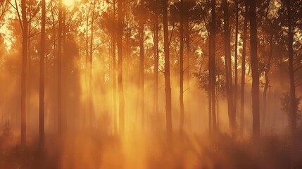 Panoramic view of a misty forest at sunrise, golden light filtering through the trees, peaceful...
