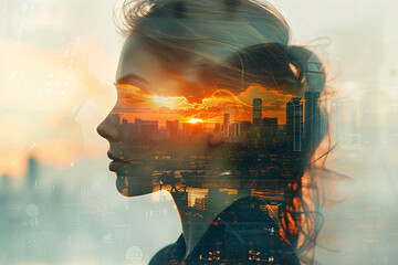 Double exposure photo of a woman and a cityscape, city life concept