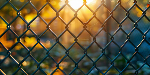 Fototapeta premium Golden Hour Light Through Chain Link Fence at Sunset