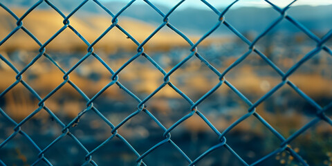 Fototapeta premium Sunset, Chain Link Fence with Blurred Background of Golden Fields