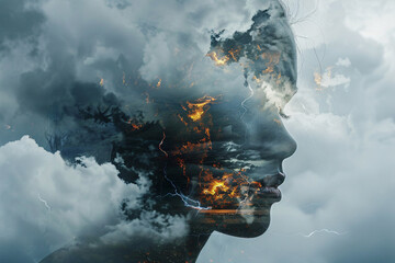 Depression, trauma, and anxiety concept, double-exposure photo of a person and dark clouds