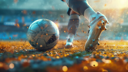 Close-up on an athlete’s foot as it expertly contacts a soccer ball, showcasing skill and speed