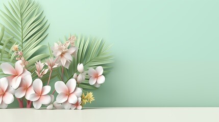 Summer banner with 3d tropic flowers and leaves. Greeting card, invitation template. Modern banner poster, sale template green background