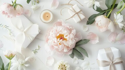 A stunning arrangement featuring a delicate white pink peony surrounded by flowers gifts a white ribbon and a candle resting on a white board Captured from an overhead perspective in a flat