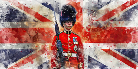 British Flag with a Royal Guard and a Tea Sommelier - Visualize the British flag with a royal guard representing British tradition and a tea sommelier