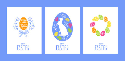 Happy Easter cards template. Colored egg, bunny, flowers. Minimalism. Vector flat illustration for poster, print, card, invitation, greeting, tag, holiday covers. Modern design in pastel colors
