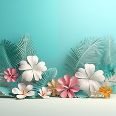 Summer banner with 3d tropic flowers and palm leaves. Greeting card, invitation template. Modern banner poster, sale template green background