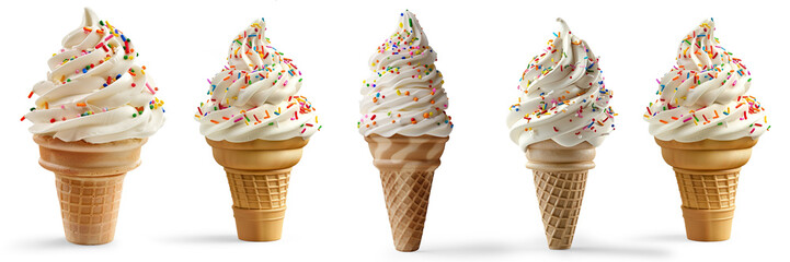 soft serve ice cream with sprinkles on a cone isolated on a transparent background 
