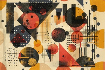Abstract retro background - geometric patterns and shapes, colors, vector illustration with halftone dots and grunge texture for poster design