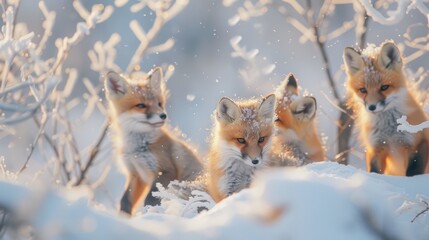 Adorable family of foxes frolicking in winter wonderland: playful scene of tiny creatures enjoying snowy delight
