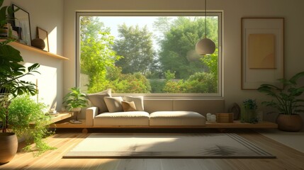 Fototapeta premium b'A bright and airy living room with a large window looking out onto a lush garden'