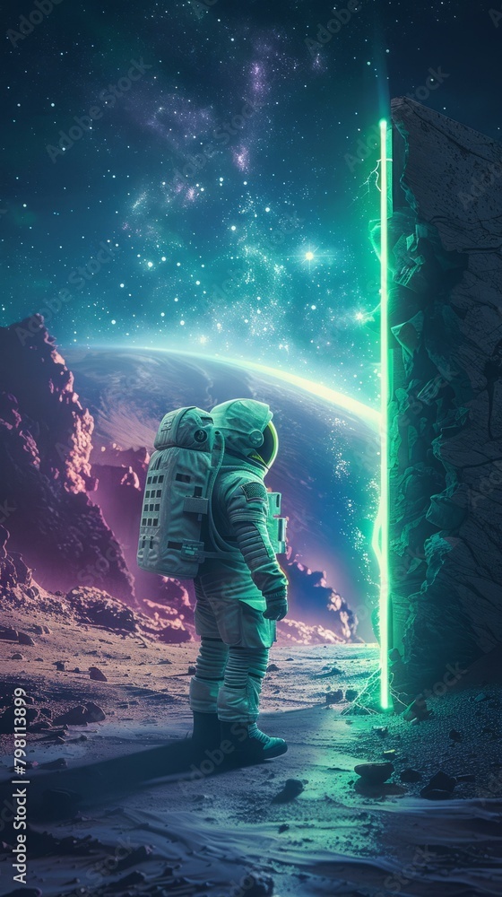Poster b'astronaut in front of a portal on a distant planet'