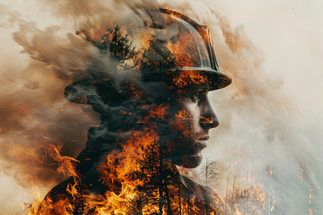 Heroic double-exposure photo of a wildfire and a firefighter