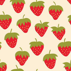 Seamless pattern with strawberry on color background. Natural delicious fresh ripe tasty fruit. Vector illustration for print, fabric, textile, banner, other design. Food concept.