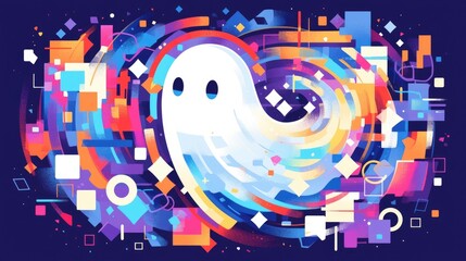 A vibrant and captivating icon of a ghost set against a backdrop of multi colored circles and squares available in format