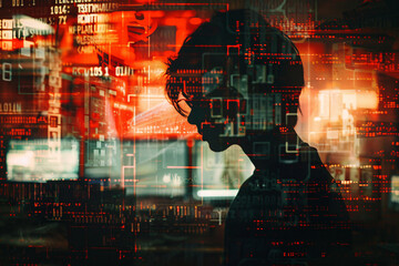 Hacker and cyber security concept, double-exposure photo of a young man and digital code - 798114287