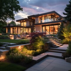 Fototapeta premium b'A luxurious house with a modern design and beautiful landscaping'