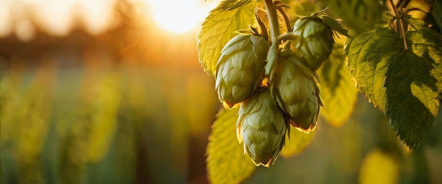 Сluster of green flowers of hop seed cones in the golden hour of a plantation farm