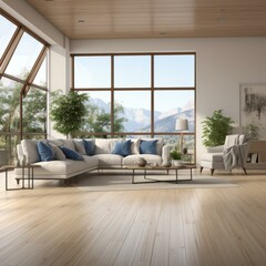 Obraz premium b'Modern living room interior with large windows and mountain view'