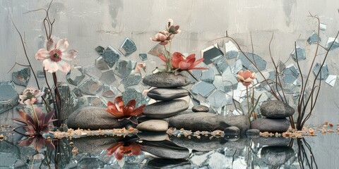 Still life of a stack of stones and pink flowers with a mirror background