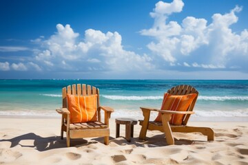 Fototapeta premium b'Two wooden beach chairs with orange pillows sit on a sandy beach with the ocean in the background'