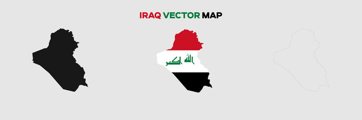 Iraq Map Vector Pack. Map with Flag. Gray Map Silhouette. Gray Outline Map. Editable EPS file.