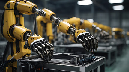 A close-up image showcasing modern factory machinery, including robotic hands, symbolizing the advancements of Industry 4.0 and artificial intelligence (AI) in manufacturing

