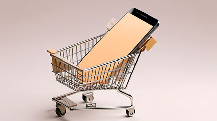 A Paper handmade smartphone in a market shopping trolley cart with copy space and isolated plain background., ecommerce