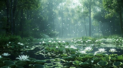 Misty Forest Pond with White Water Lilies