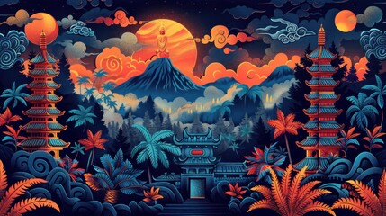 Colorful Indonesian culture doodle Background. Hand drawn doodle illustrations in colorful cartoon style