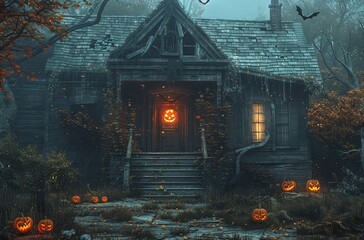 Haunted house with pumpkins and bats, spooky Halloween scene 