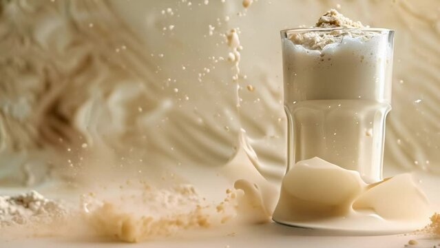 Glass of milk with protein powder isolated on white background. Concept Food Photography, Protein Shake, Healthy Lifestyle, Nutrition, Beverage Concept