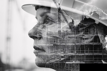 Double-exposure photo of a female civil engineer and a construction site - 798116013