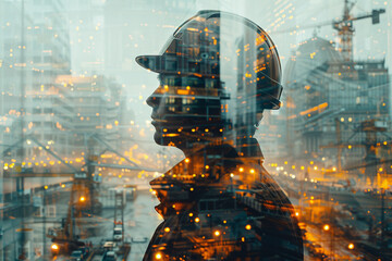 Double-exposure photo of a civil engineer and a construction site