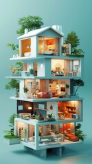 b'A rendering of a six-story house with a modern design and lots of plants'