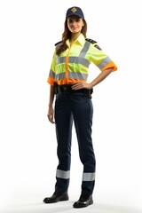 b'A female police officer in uniform with a cap, shirt, pants, and boots.' - obrazy, fototapety, plakaty