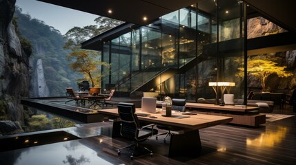 b'Modern architecture house interior with huge glass windows'