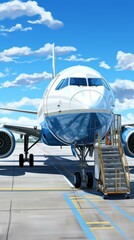 b'Blue and white airplane parked on the runway with the boarding stairs extended'