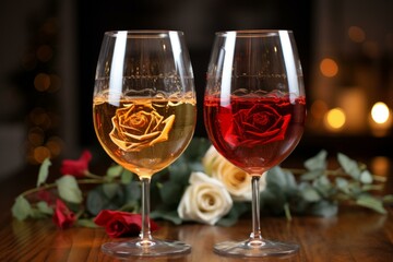 Naklejka premium b'Two glasses of wine with roses inside them sit on a table with a dark background'