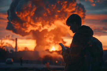 Doomscrolling concept, a man looking at his phone in front of a nuclear explosion - 798116838