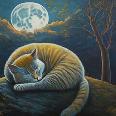 Sleeping Cat on the Tree under the Moon vector illustration generative ai