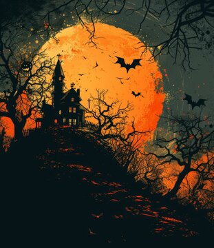 b'Haunted house on a hill with a large orange moon in the background'